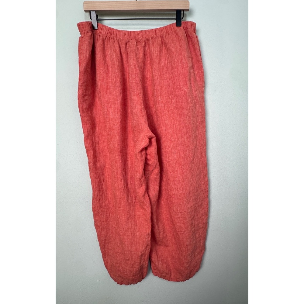 FLAX 100% Linen Wide Leg Pants Coral Orange Elastic Waist Pockets Size L - Picture 6 of 11